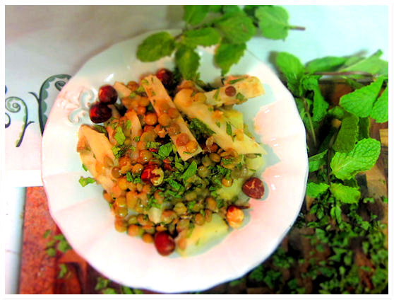 Celeriac and lentils with hazelnuts and mint