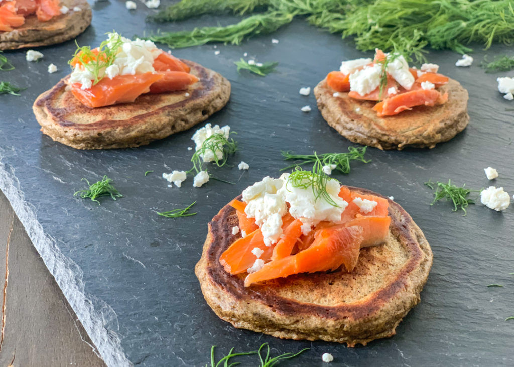 Buckwheat Blinis with salmon and goat cheese